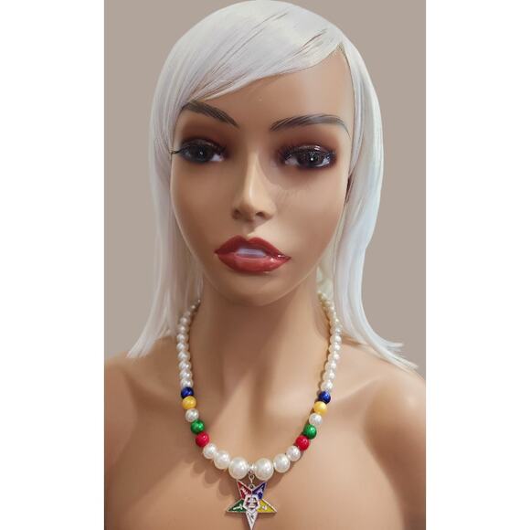 OES Eastern Star Pendant with White, Blue, Yellow, Red & Green Pearls - Picture 1 of 5